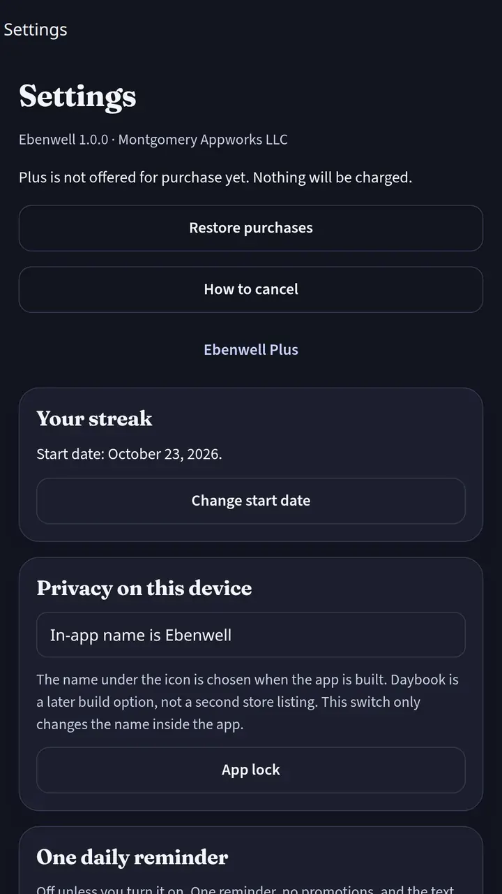 Ebenwell settings. A privacy PIN or biometric lock. The journal stays on this phone.