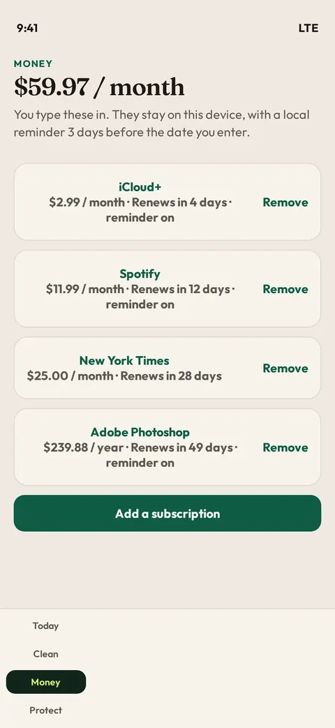 Shedwell subscription list on iPhone
